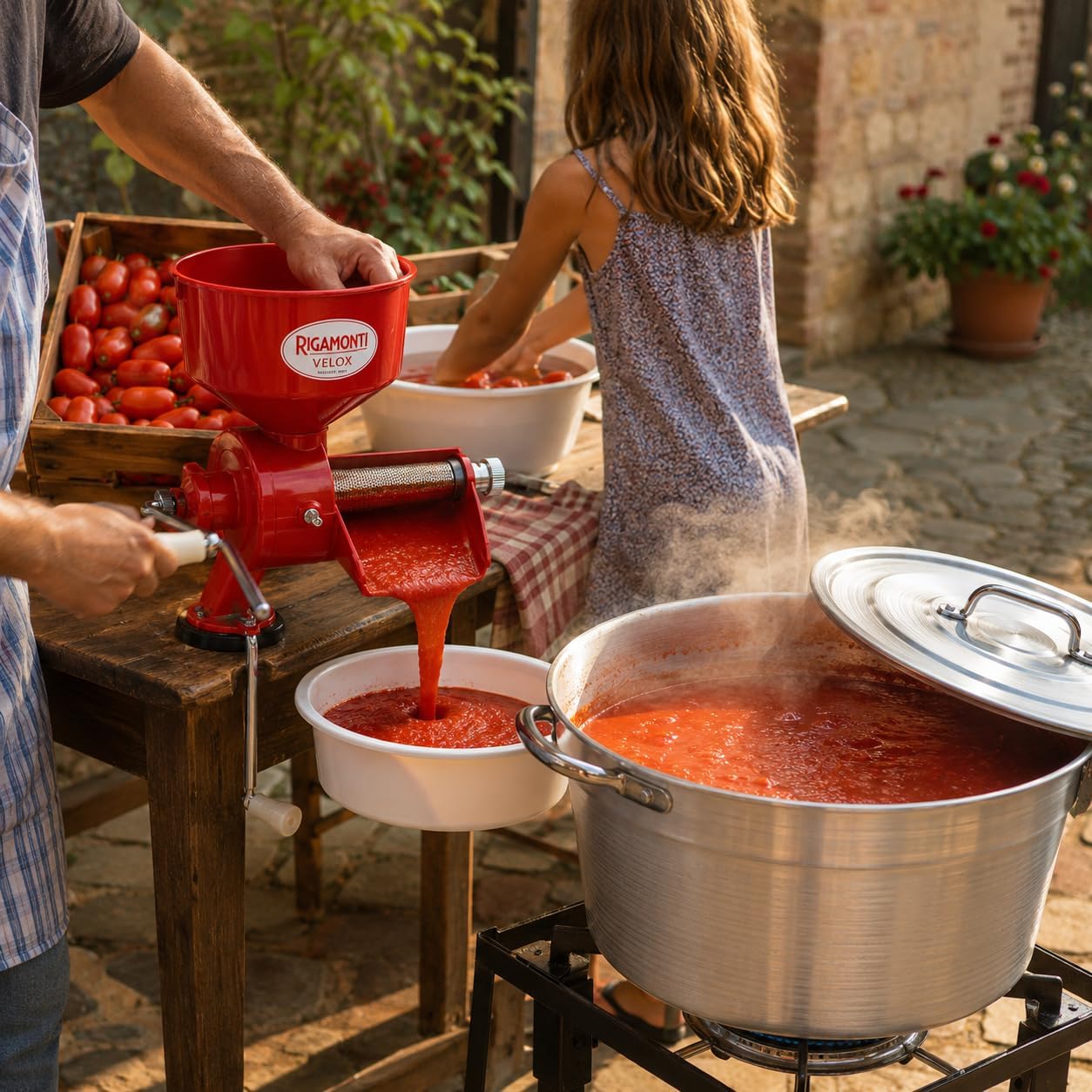 Kit Passata di Pomodoro 5 Pezzi — Passapomodoro Manuale Rigamonti con Ventosa, Caldaia in Alluminio Ø30 con Coperchio Made in Italy, Imbuto per Bottiglie con Riduttori e Bacinella 15 L