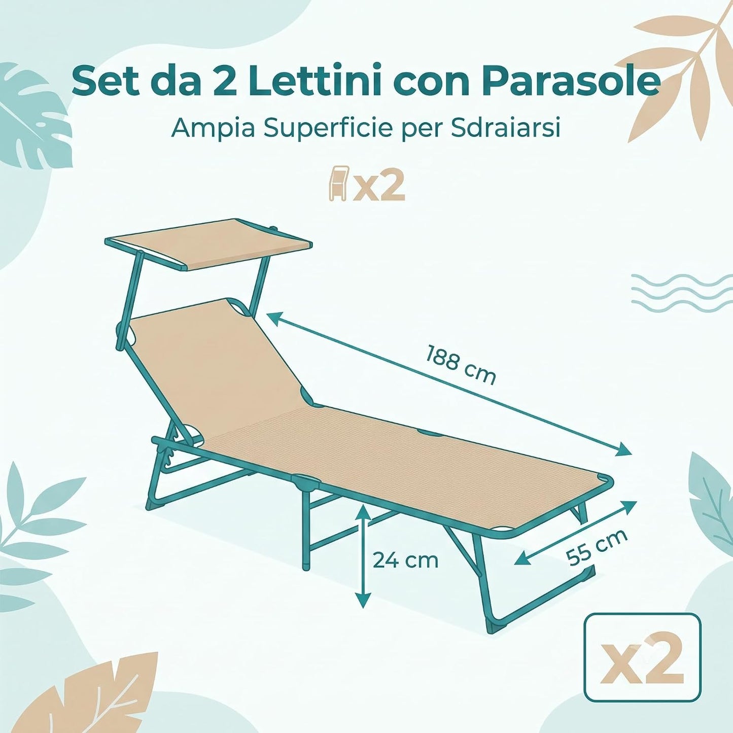 Set 2 Lettini da Mare con Parasole in Textilene Beige – Lettini Prendisole con Tettuccio Parasole per Spiaggia Piscina e Giardino – Traspiranti e Comodi – 188x55x24 cm