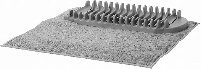 Scolapiatti Compatto Grigio con Tappetino Assorbente in Microfibra – Scolapiatti da Appoggio Salvaspazio con Porta Bicchieri – Asciuga Piatti in Verticale Tazze e Bicchieri – per Cucina