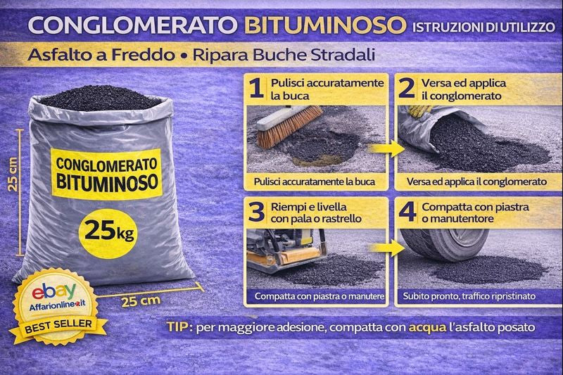 Conglomerato Bituminoso 25 Kg Asfalto a Freddo Per Riparazione Buche Strade