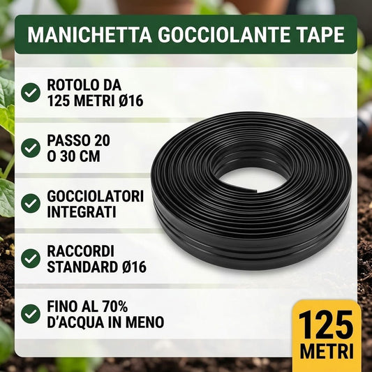 Manichetta Gocciolante Leggera Tape Ø 16 mm — Rotolo 125 m, Ala Gocciolante Piatta per Irrigazione a Goccia di Orto, Campo e Serra — Passo Gocciolatori 20 o 30 cm - Lemag srl