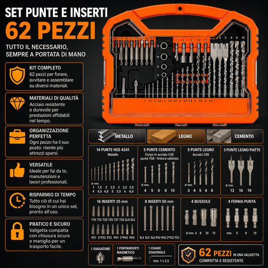 Set Punte Trapano e Inserti 62 Pezzi Metallo Legno Cemento - Lemag srl
