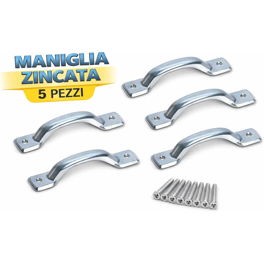 Set di 5 maniglie per mobili interasse 100 mm zincate Minutex 699 per cassetti e armadi, incluse le viti di montaggio.