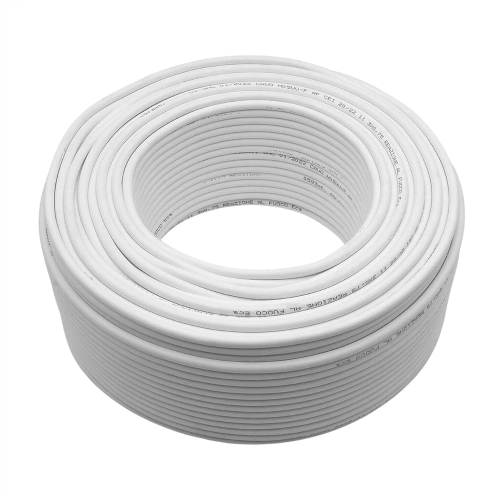 Matassa di cavo elettrico h05vv-f 2x1,5 bianco da 25 m, ideale per prolunghe e collegamenti elettrici domestici.