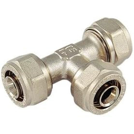 Tee a compressione multistrato 16 Tiemme in ottone nichelato per la derivazione di tubi in impianti idraulici.