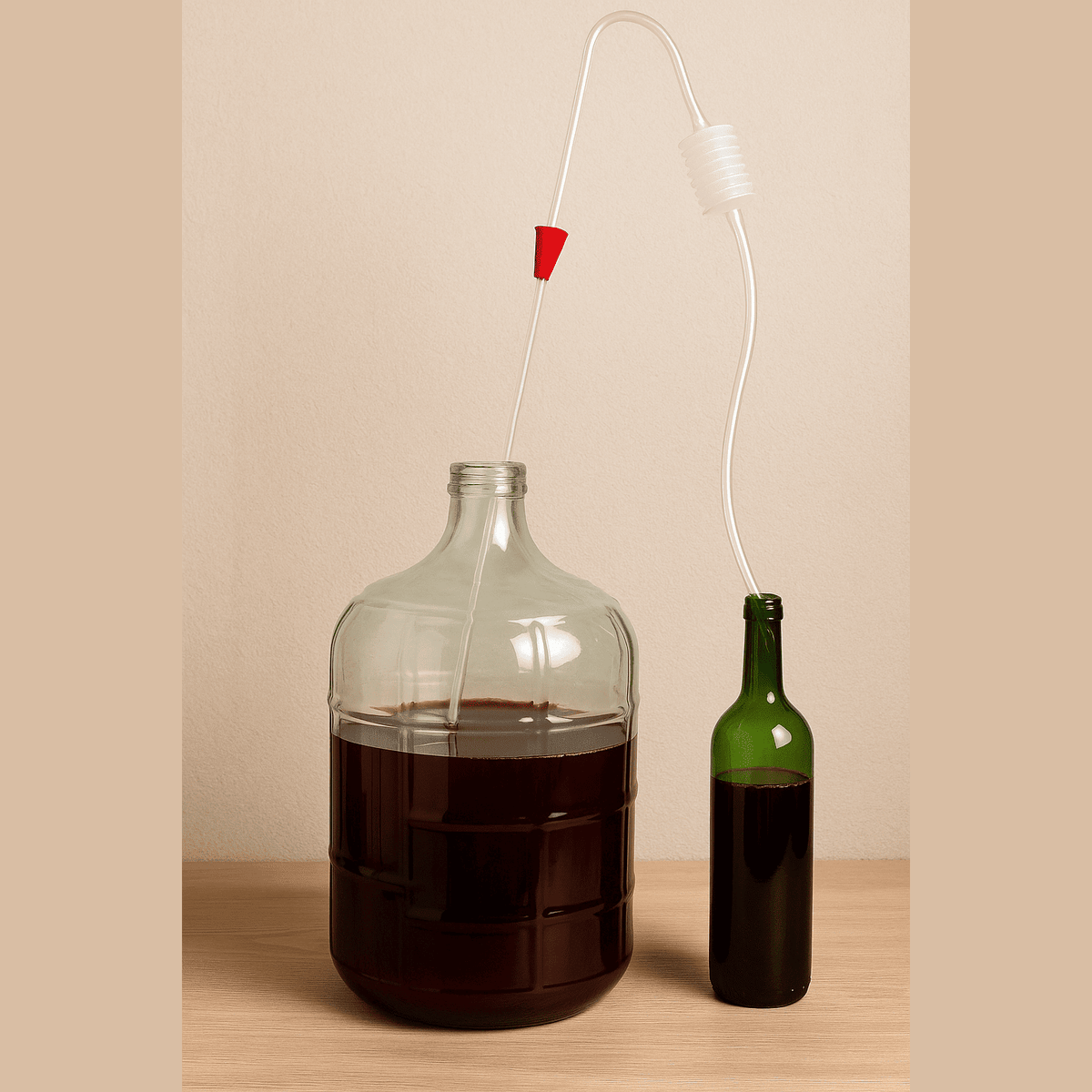 Travaso igienico con travasatore a polmone per vino da una damigiana in vetro a una bottiglia.