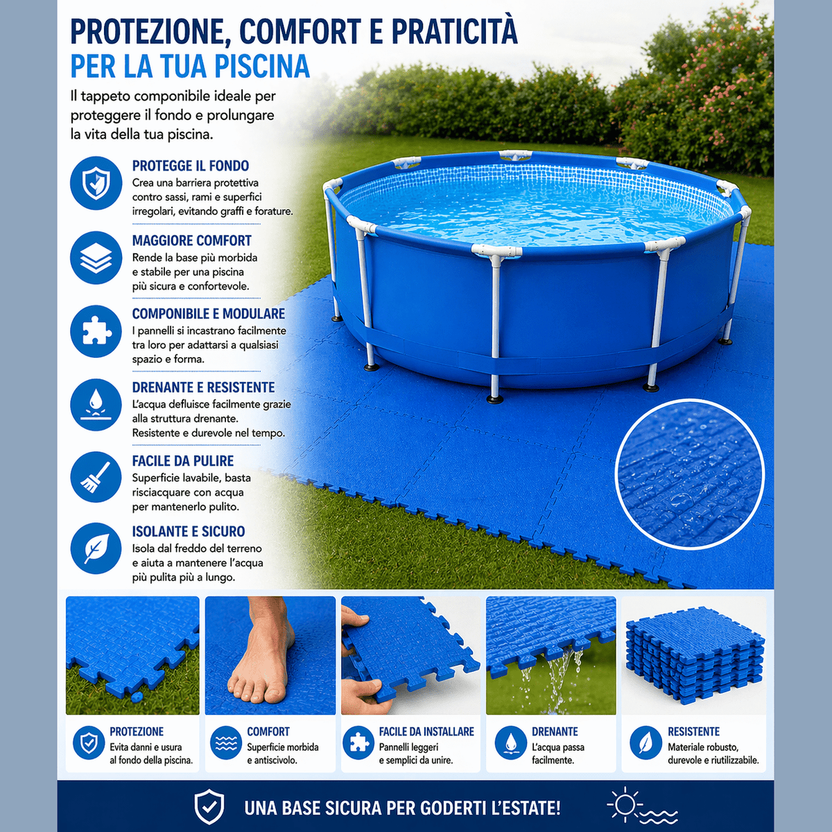 Tappeto sottofondo piscina componibile blu in set da 9 pezzi, ideale per proteggere il fondo e isolare la piscina fuori terra.