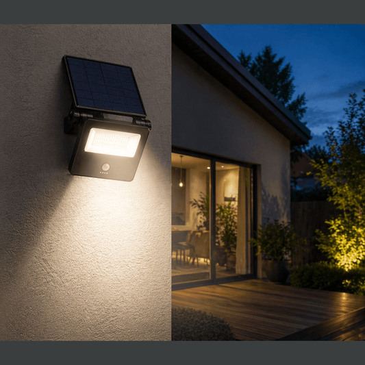 Un faretto solare con sensore di movimento da 15W installato a parete mentre illumina l'ingresso esterno di una casa di notte.