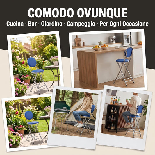Set di sgabelli cucina con schienale blu pieghevoli, ideali per casa, giardino, bar e campeggio.