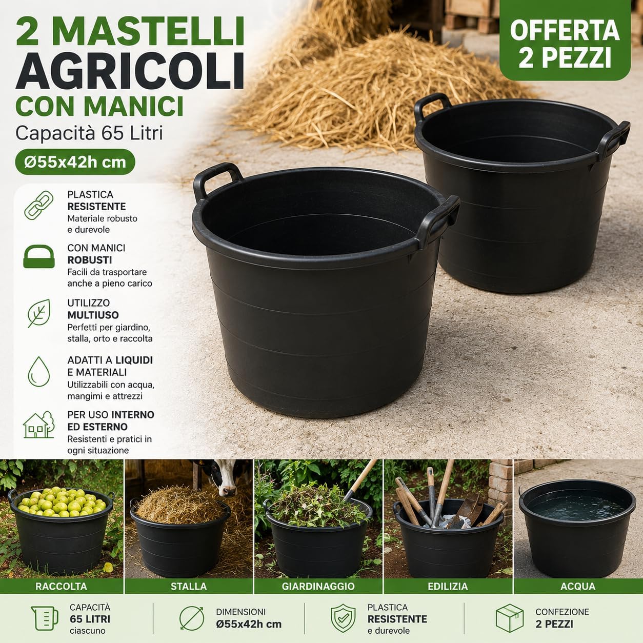 2 Mastelli Agricoli con Manici 65 Lt Ø55x42h - Lemag srl