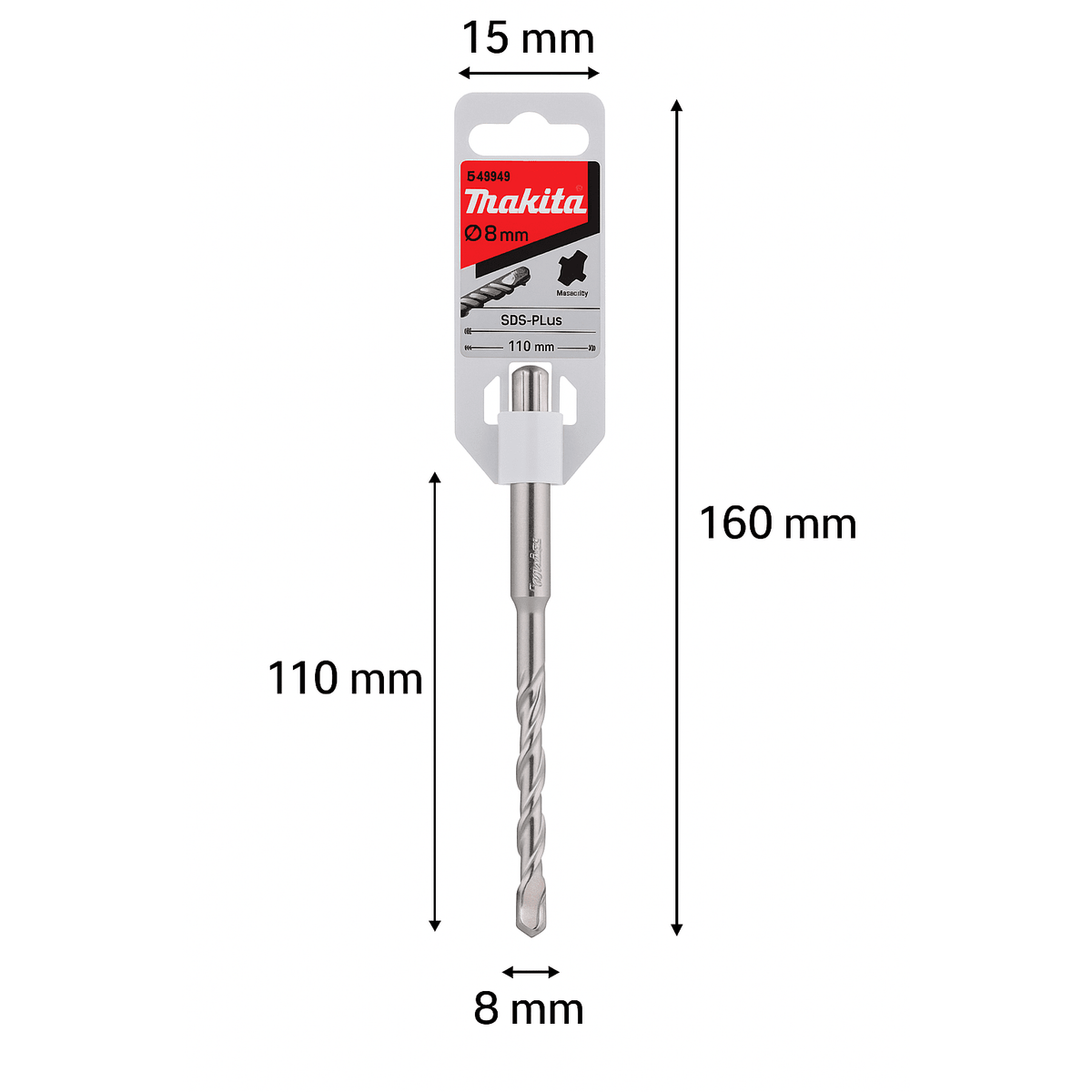 Dimensioni dettagliate della punta sds-plus makita 8mm per cemento e pietra, con lunghezza di 110 mm.