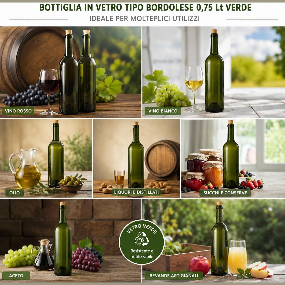 Usi versatili delle bottiglie bordolesi per vino da 0,75 L in vetro verde per conservare vino rosso, bianco, olio e liquori.