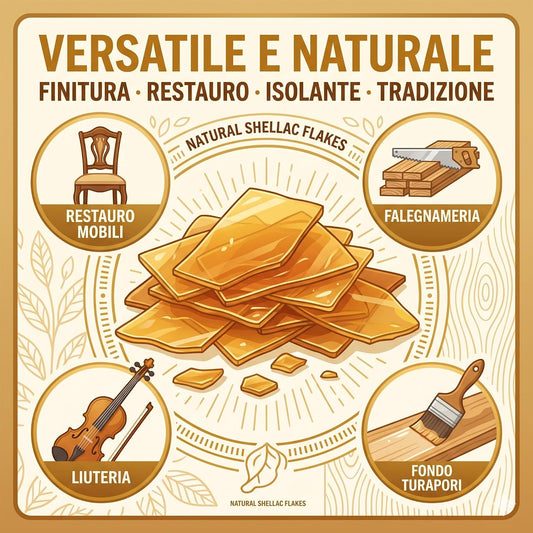 Uso della gommalacca in scaglie dorata naturale per restauro di mobili antichi, falegnameria, liuteria e fondo turapori.