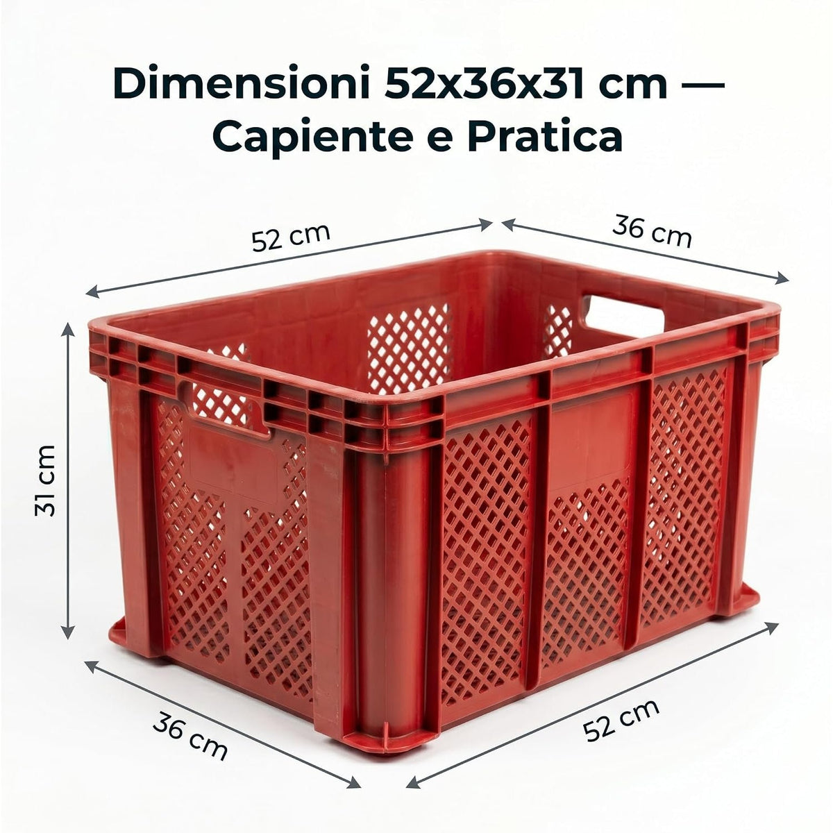 Dimensioni delle cassette in plastica per frutta e verdura da 52x36x31 cm, modello rosso, capiente e pratico con pareti forate.