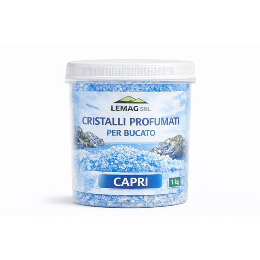 Barattolo da 1 Kg di cristalli profumati per bucato LEMAG SRL, fragranza Capri con percarbonato attivo.