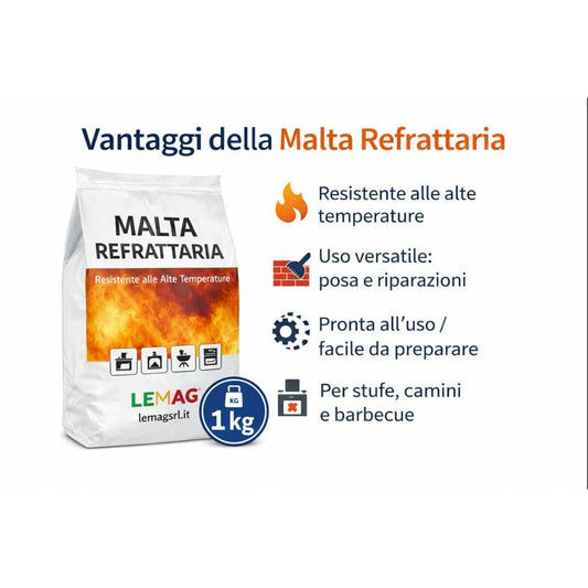 Confezione di cemento refrattario alte temperature LEMAG da 1 kg con elenco dei vantaggi d'uso per camini e stufe.