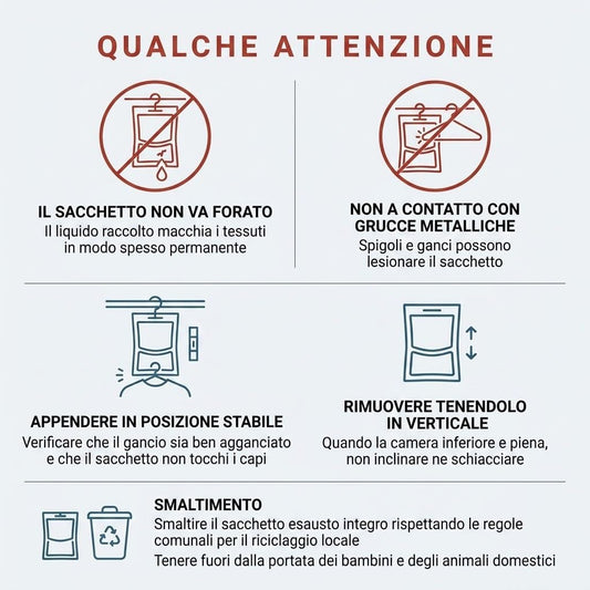 Istruzioni e precauzioni per l'uso corretto del deumidificatore per armadio con appendino.
