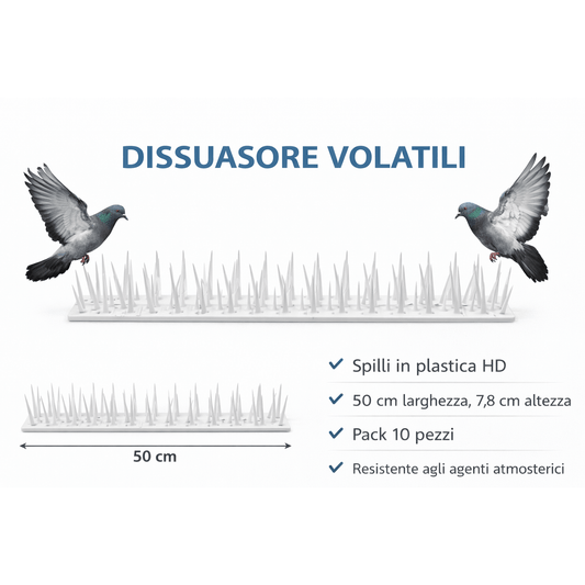 Dissuasore piccioni per muretto in plastica bianca HD da 50 cm con aghi protettivi per balconi.