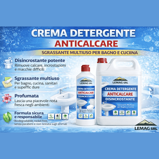 Flaconi di crema detergente anticalcare disincrostante LEMAG SRL, sgrassante multiuso biodegradabile per bagno e cucina.