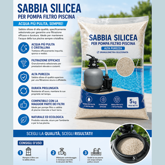 Sacco da 5kg di sabbia silicea per filtro piscina con dettagli sulla filtrazione dell'acqua per una piscina pulita.
