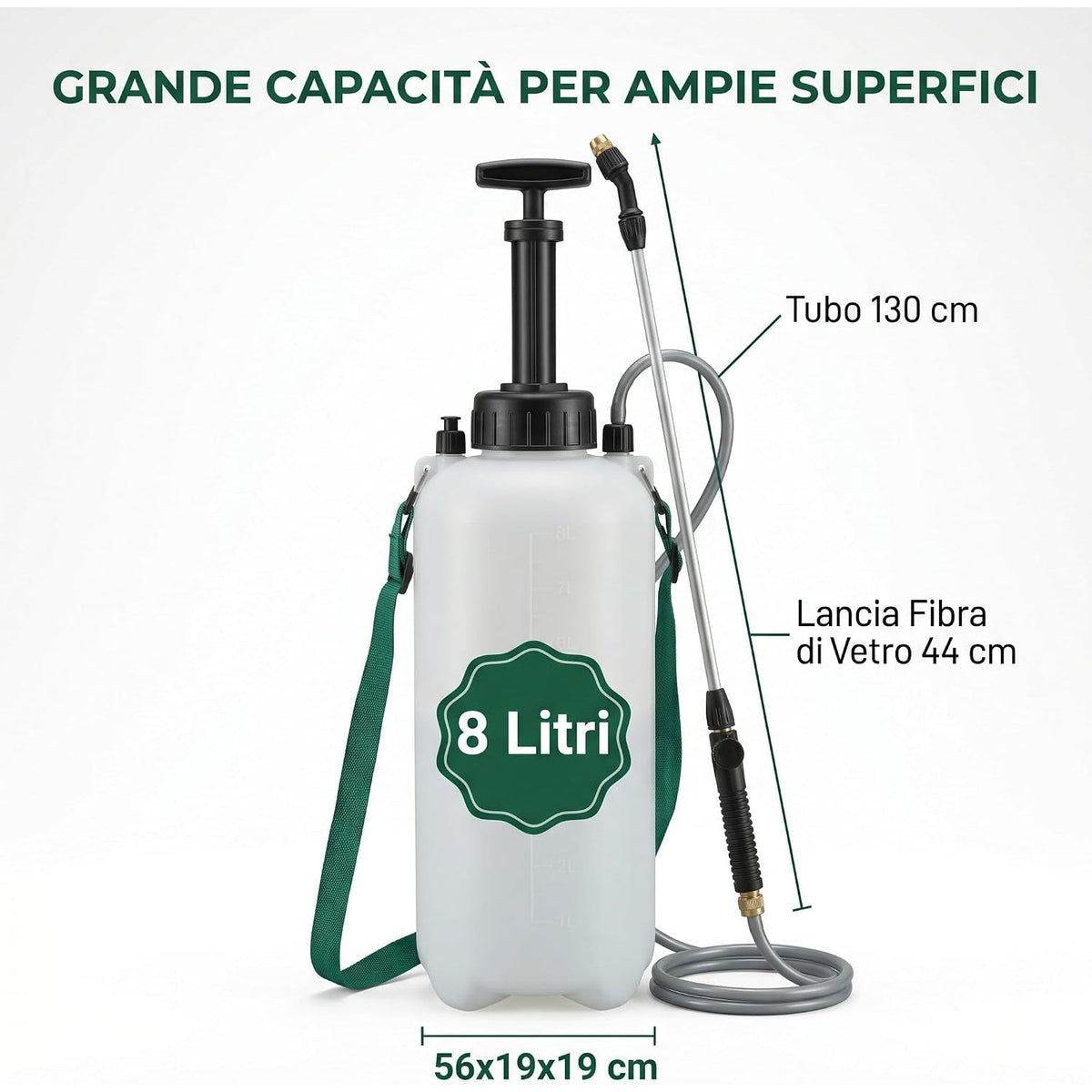 Pompa a pressione 8 litri per grandi superfici con lancia in fibra di vetro da 44 cm e tubo da 130 cm.