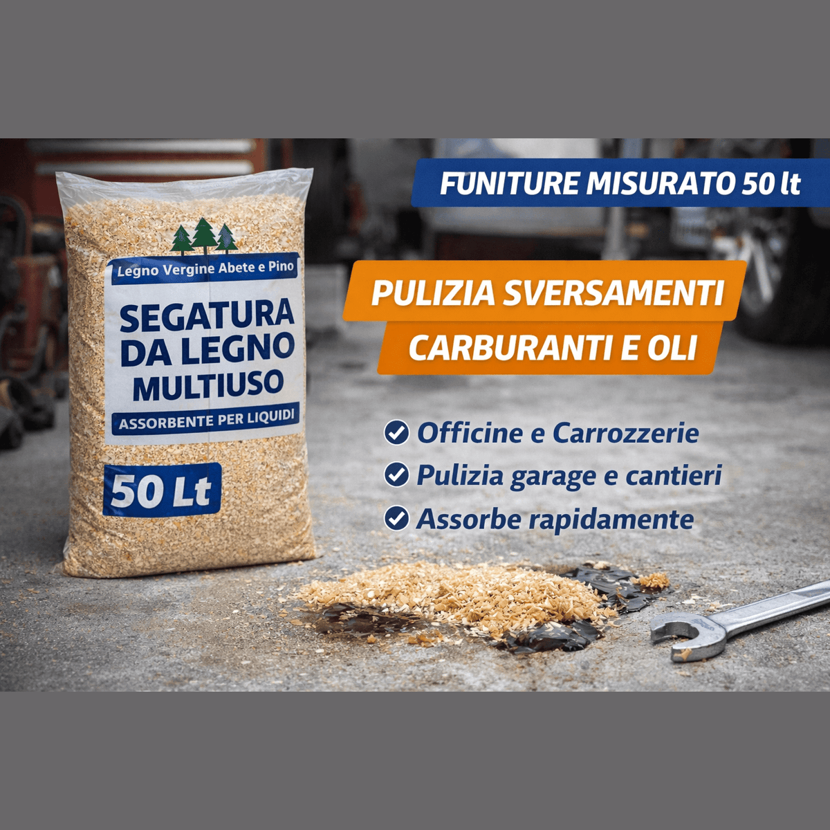 Sacco da 50L di segatura assorbente per liquidi per pulizia di olio e carburante in officina e garage.