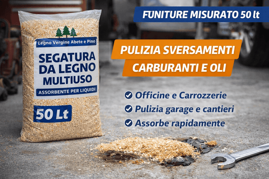 Sacco di segatura assorbente per liquidi da 50 litri per la pulizia di sversamenti di olio e carburante in officina.