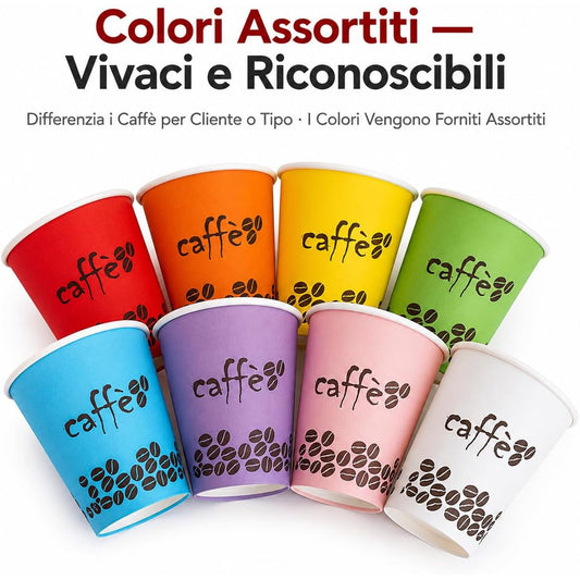Bicchieri caffè biodegradabili e compostabili in colori assortiti vivaci per espresso, ideali per bar e ufficio.
