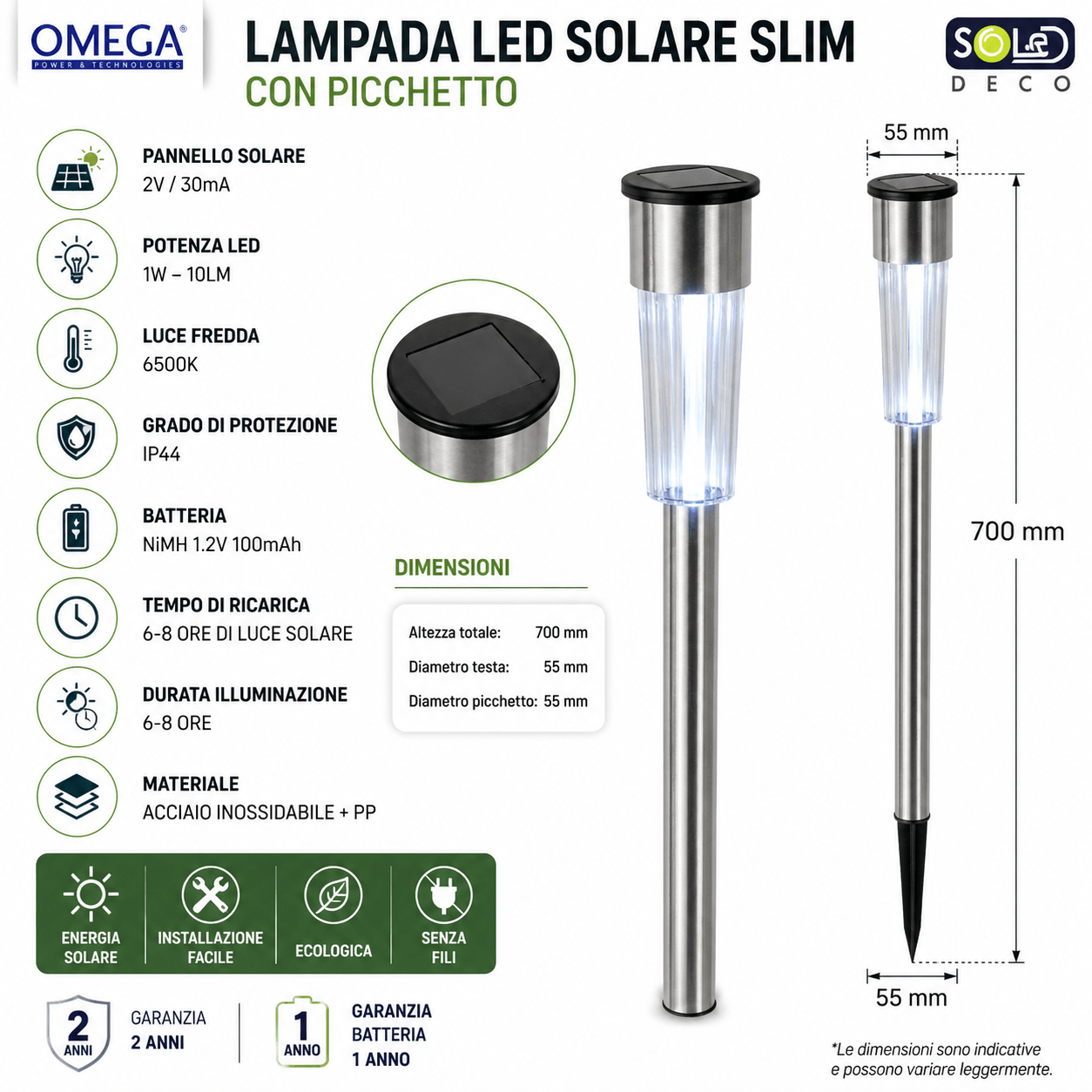 Solare da Giardino con Picchetto LED Slim in Acciaio 70 cm IP44 Luce Fredda 6500K per Esterno Display Box - Lemag srl