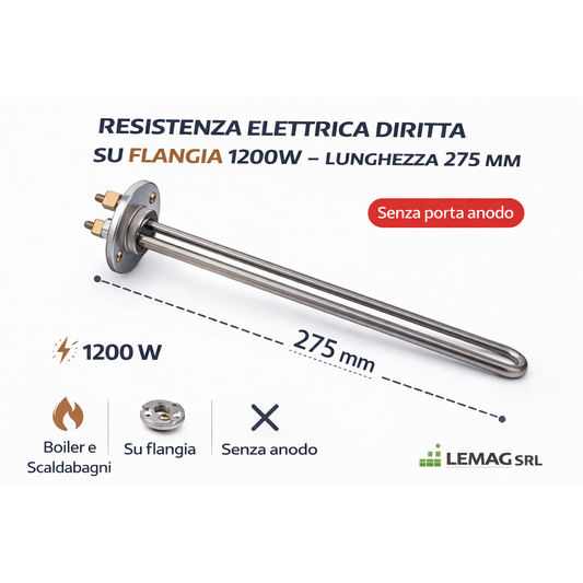 Ricambio resistenza scaldabagno a flangia da 1200W e lunghezza 275 mm senza porta anodo Lemag SRL.
