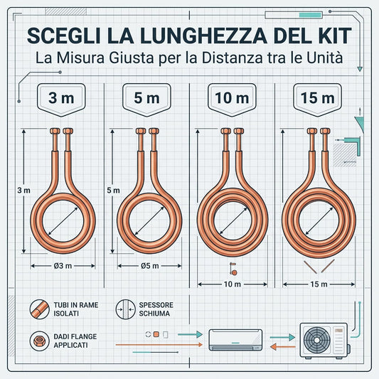 Schema di scelta delle lunghezze dei tubi rame isolati per condizionatori da 3, 5, 10 e 15 metri per impianti split.