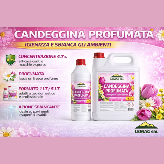 Flaconi di candeggina profumata Lemag da 1 L e 5 L, igienizzante e sbiancante con ipoclorito al 4,7% per la pulizia della casa.