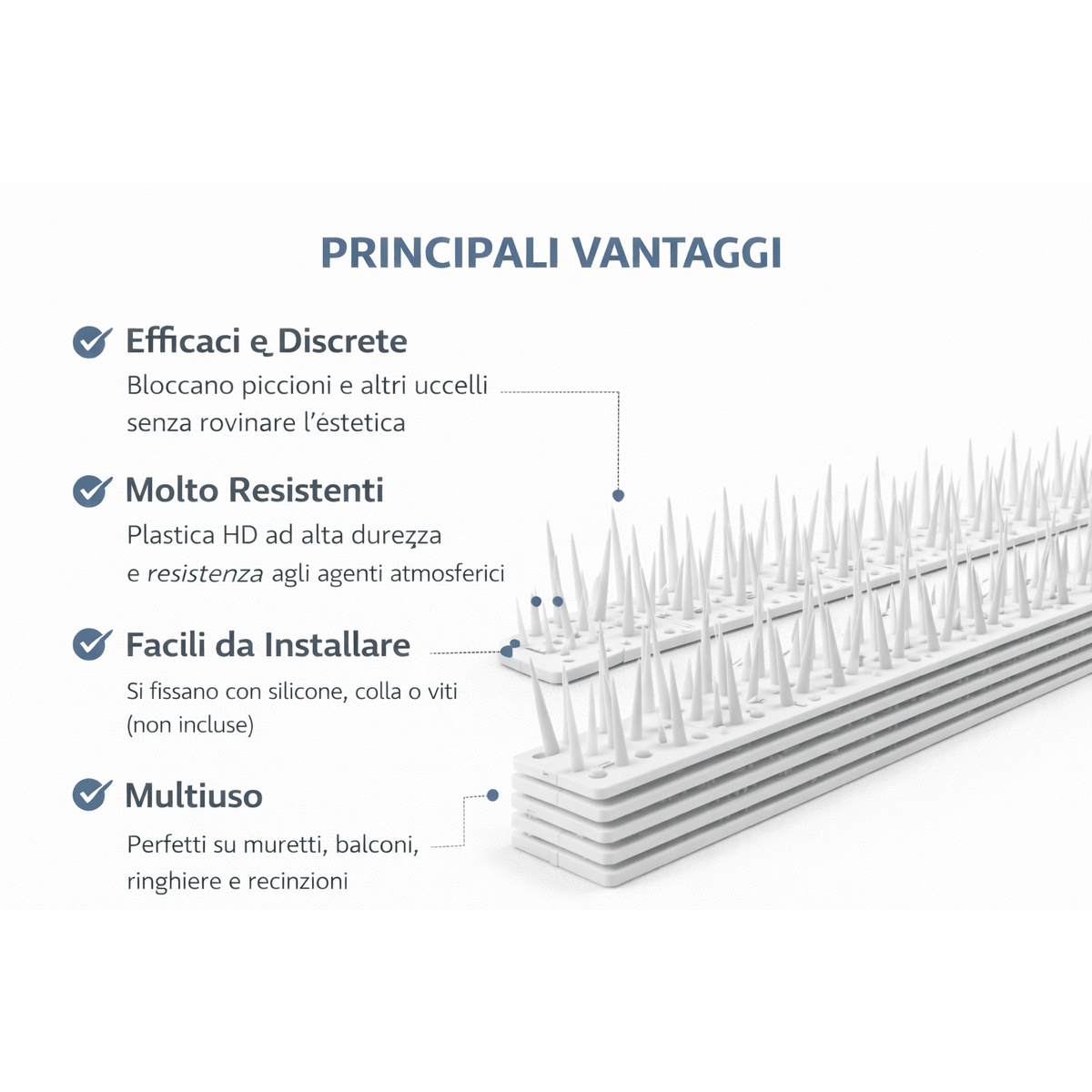 Vantaggi del dissuasore piccioni per muretto in plastica bianca: efficace, resistente, facile da installare su balconi e recinzioni.
