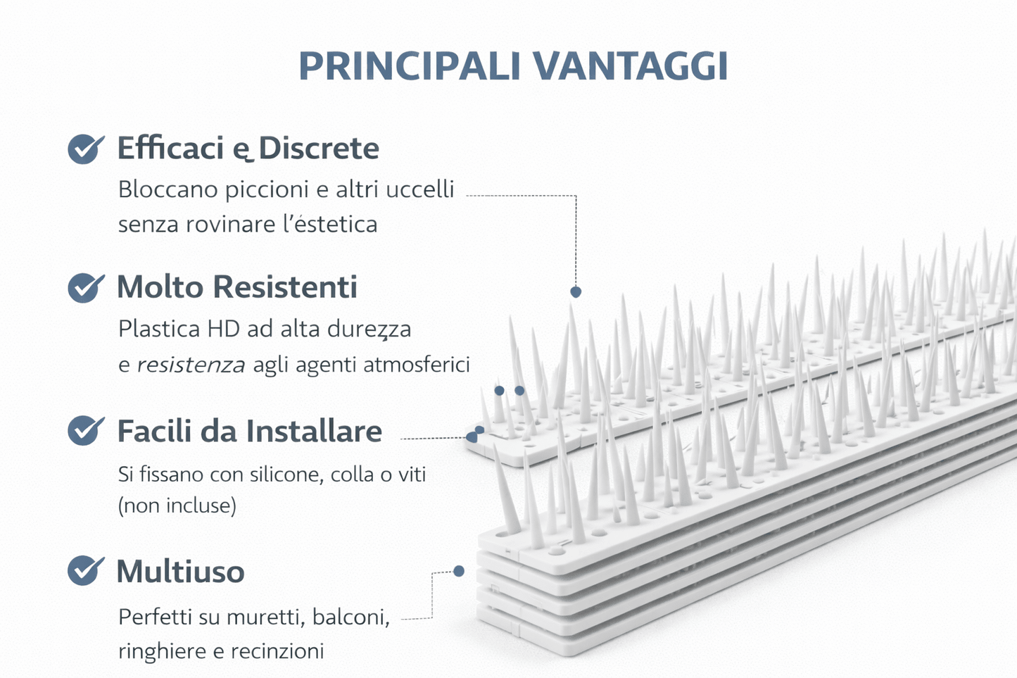Dissuasore Volatili per Muretto in Plastica HD – 50x7,8 cm – Pacco 10 Pezzi – Anti Piccioni Bianco - Lemag srl