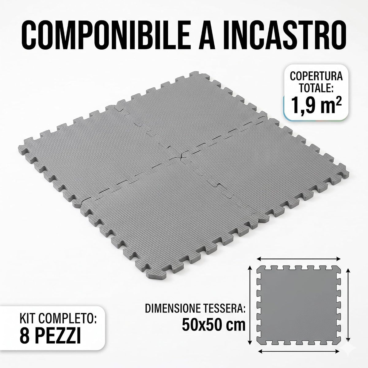Kit tappeto sottofondo piscina componibile a incastro da 8 pezzi in morbido polietilene grigio per una superficie di 1,9 mq.