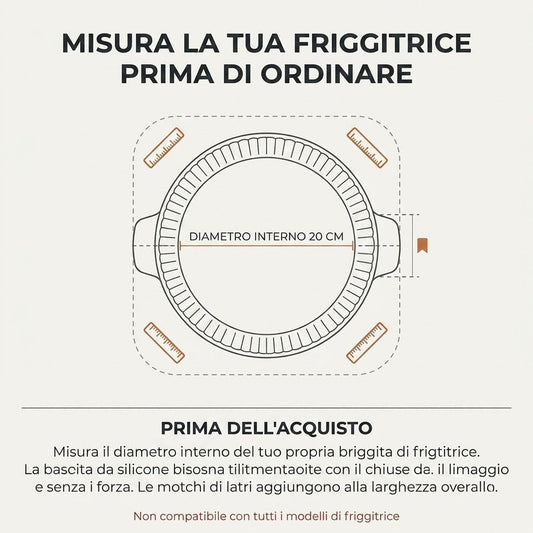 Guida alle misure degli accessori friggitrice ad aria silicone con schema del diametro interno da 20 cm prima dell'acquisto.