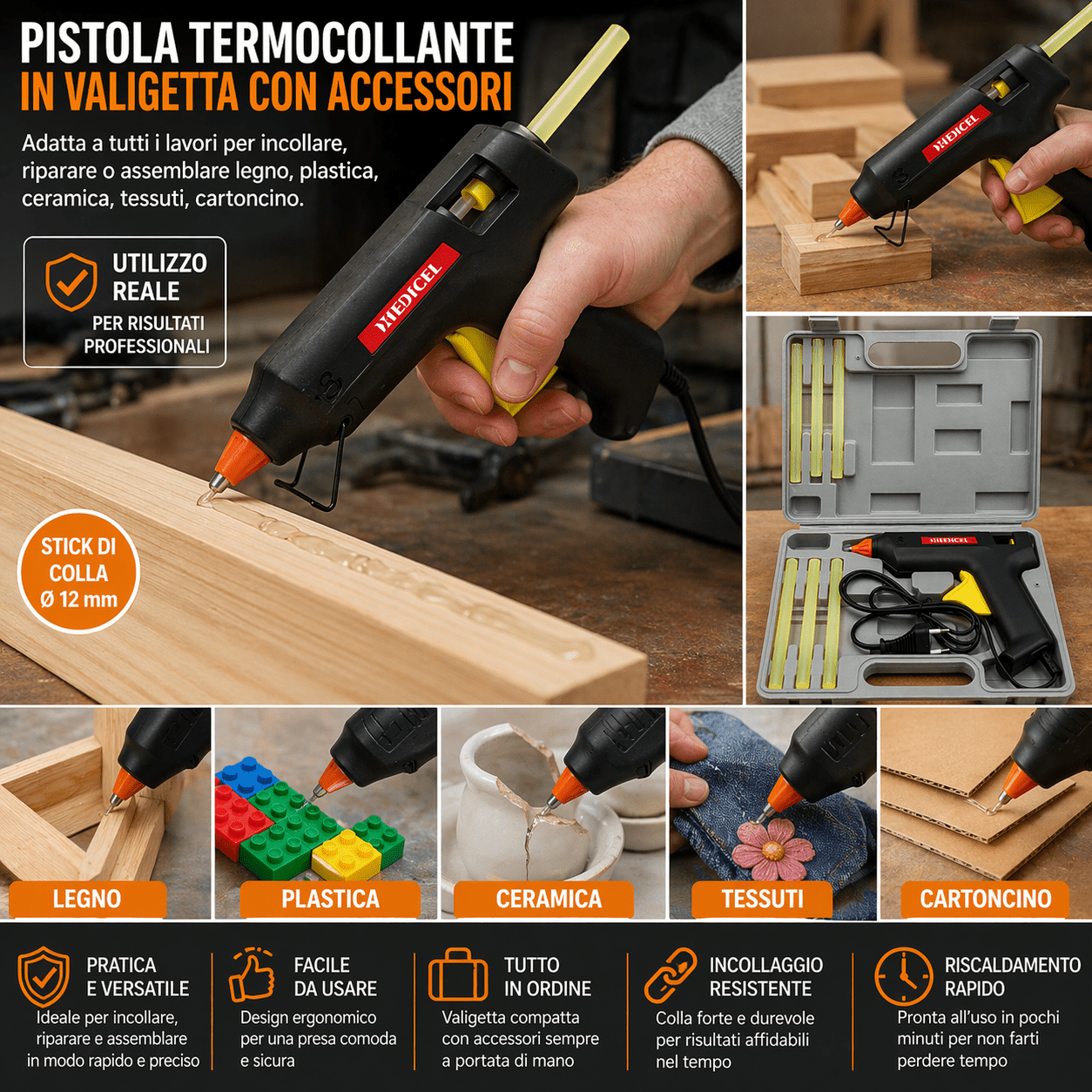 Pistola Termocollante in Valigetta con Accessori e Stick 12 mm - Lemag srl