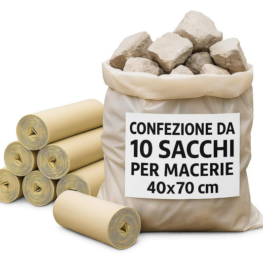 Sacchi per macerie resistenti di colore beige, ideali per contenere calcinacci e detriti da cantiere e ristrutturazione.