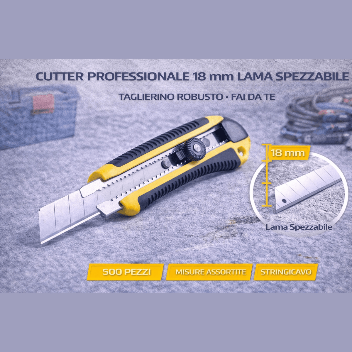Un cutter professionale lama spezzabile da 18 mm con impugnatura robusta ed ergonomica per fai da te.