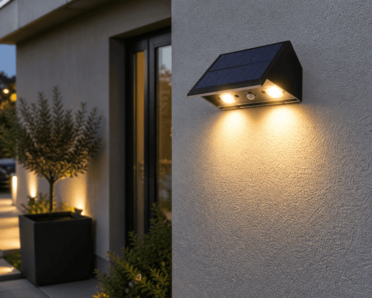 Applique da Muro Solare Lens 3000K IP54 4W 120LM Nero 2 Step Dimmer Batteria Litio 1500mAh per Esterno - Lemag srl