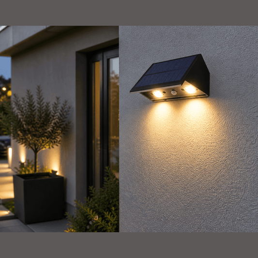 Applique solare da esterno Lens nera a LED con luce calda 3000K accesa su parete esterna.