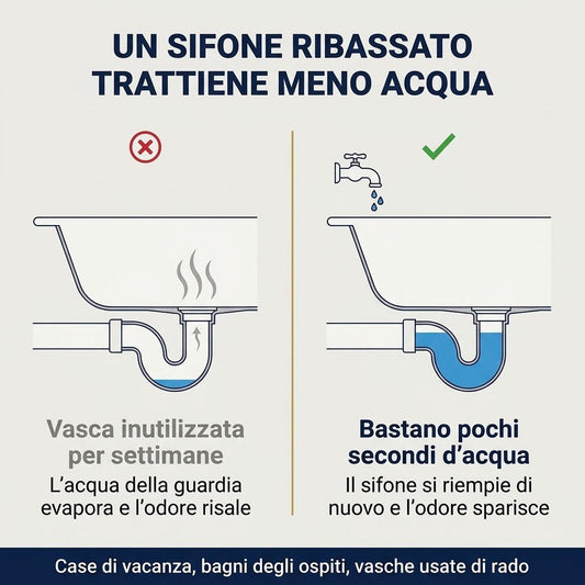 Infografica sul funzionamento del sifone vasca ribassato e prevenzione dei cattivi odori nella vasca da bagno.