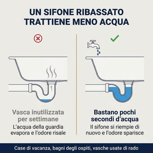 Infografica sul funzionamento del sifone vasca ribassato e prevenzione dei cattivi odori nella vasca da bagno.
