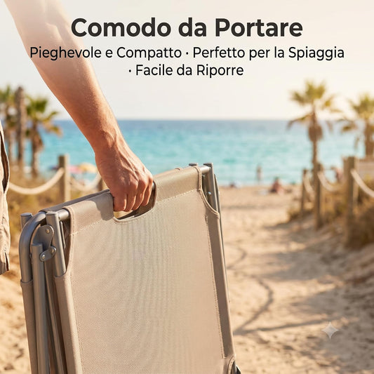 Il set 2 lettini da mare con parasole in versione pieghevole e compatto, facile da trasportare in spiaggia.