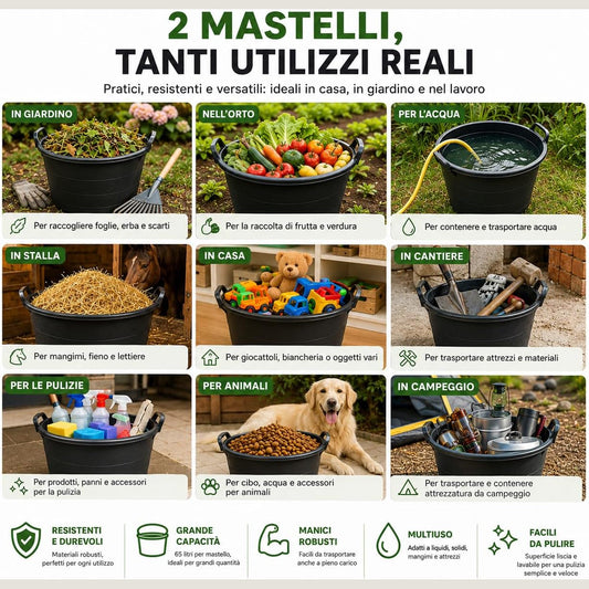 Set di 2 mastelli agricoli con manici multiuso per giardino, casa, cantiere e agricoltura.