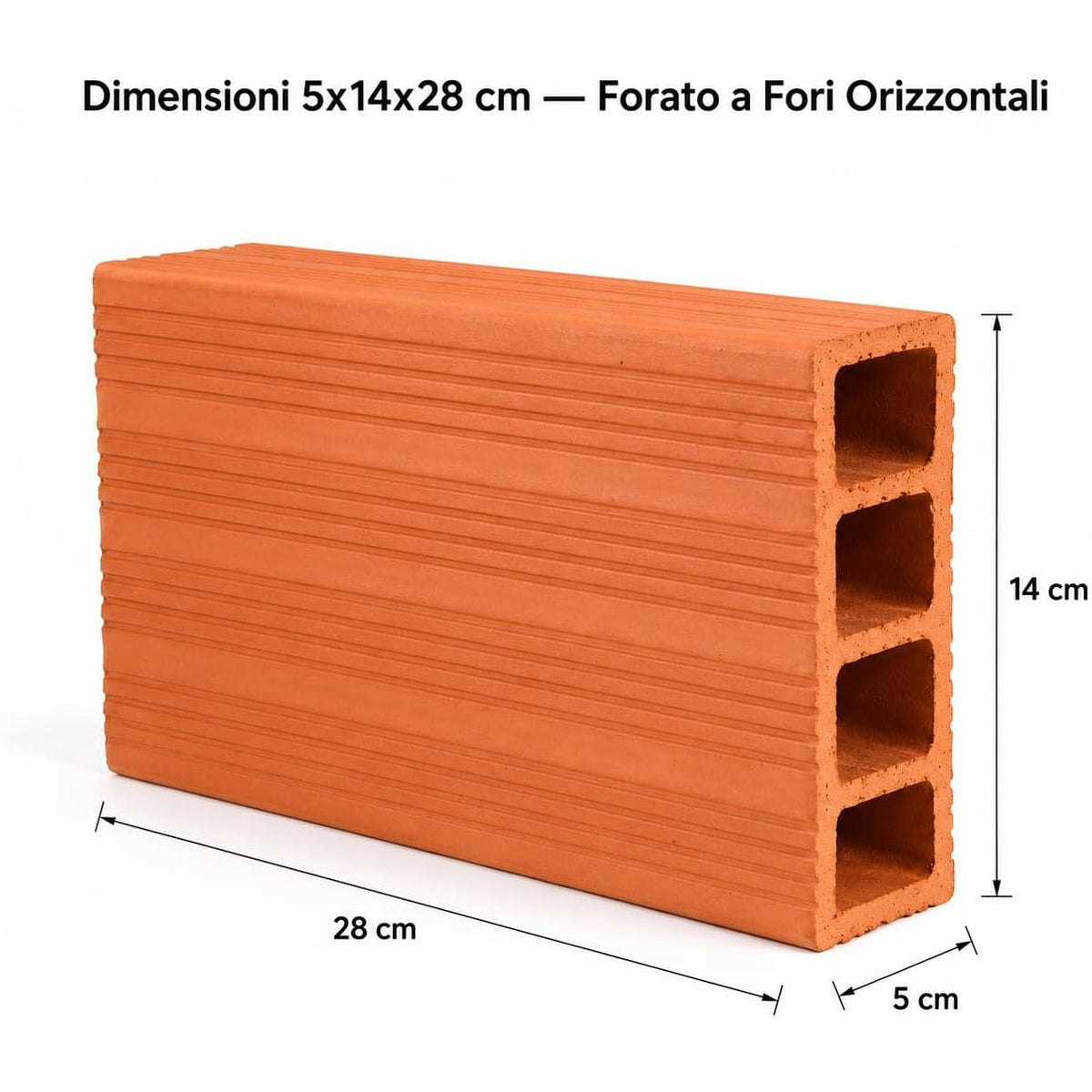 Dimensioni dettagliate di un mattone forato 5x14x28 con fori orizzontali per pareti divisorie e tramezzi.