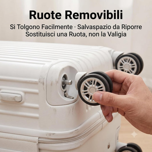Mano che stacca una ruota removibile da un trolley cabina rigido abs bianco, bagaglio a mano pratico.
