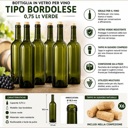 Set di 6 bottiglie bordolesi per vino da 0,75 L in vetro verde con tappi in sughero inclusi per imbottigliamento.