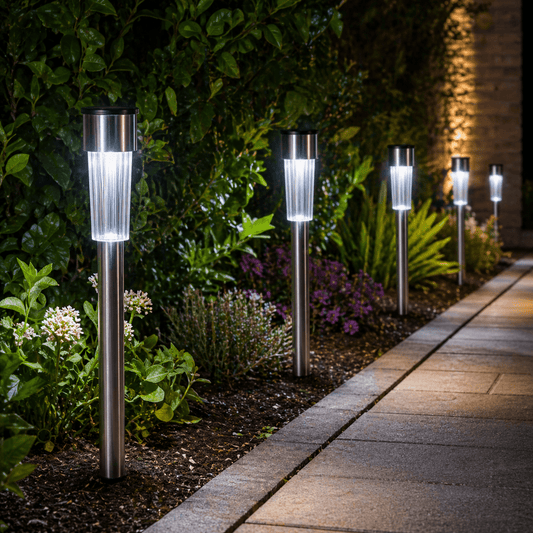 Solare da Giardino con Picchetto LED Slim in Acciaio 70 cm IP44 Luce Fredda 6500K per Esterno Display Box - Lemag srl
