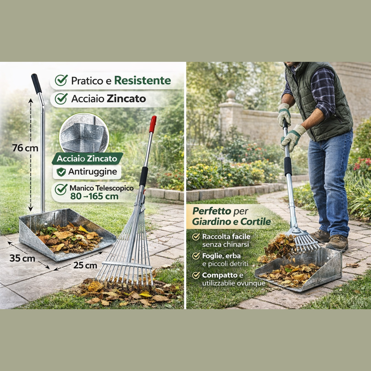 Kit pulizia giardino in acciaio zincato con scopa foglie telescopica e paletta per raccogliere foglie e detriti senza chinarsi.